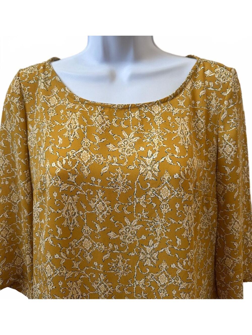 Anthropologie HD in Paris Eira Mustard Yellow Floral Boho Blouse 3/4 Sleeve, 2 - Picture 2 of 6